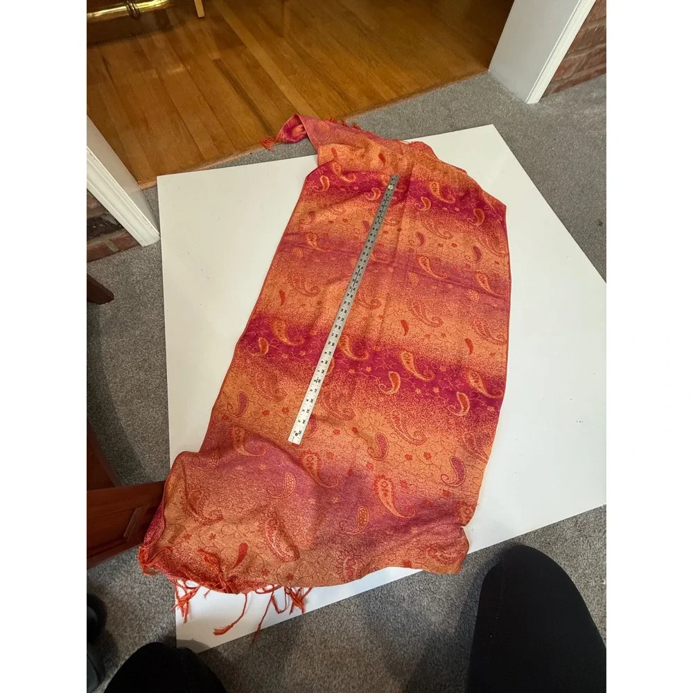 Pashmina‎ Silk Blend Paisley Scarf Wrap Orange Pink Magenta Fringe Shawl